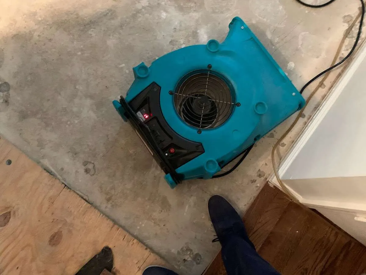 Air mover drying subfloor during Leak Detection & Repair in Grandview Heights